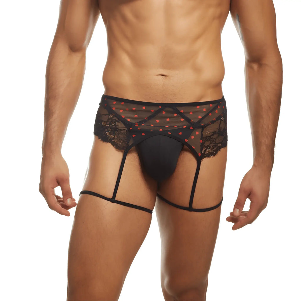 Black lace thong with red heart pattern and matching garter straps from secret male smu007 flower laced peek-a-boo lingerie