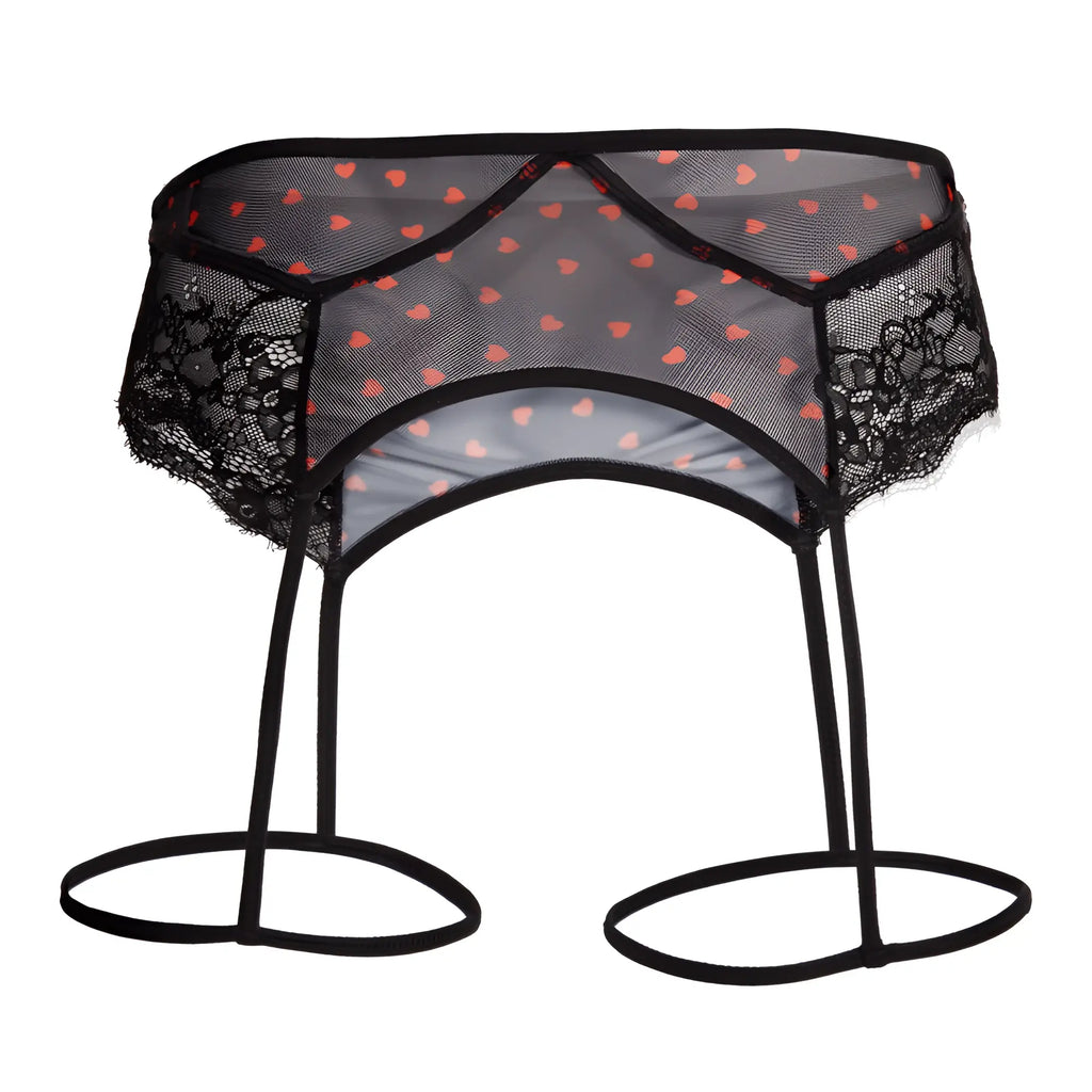 Black lace-trimmed garter belt with sheer mesh fabric and orange polka dots from Secret Male SMU007 lingerie with hearts