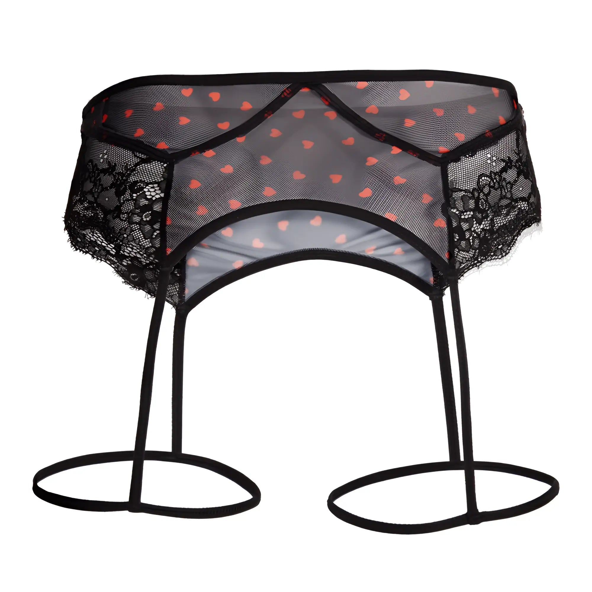 Black lace-trimmed garter belt with sheer mesh fabric and orange polka dots from Secret Male SMU007 lingerie with hearts