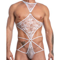 White lace bodysuit with floral patterns and crisscross straps from secret male smv005 bodysuit and harness collection