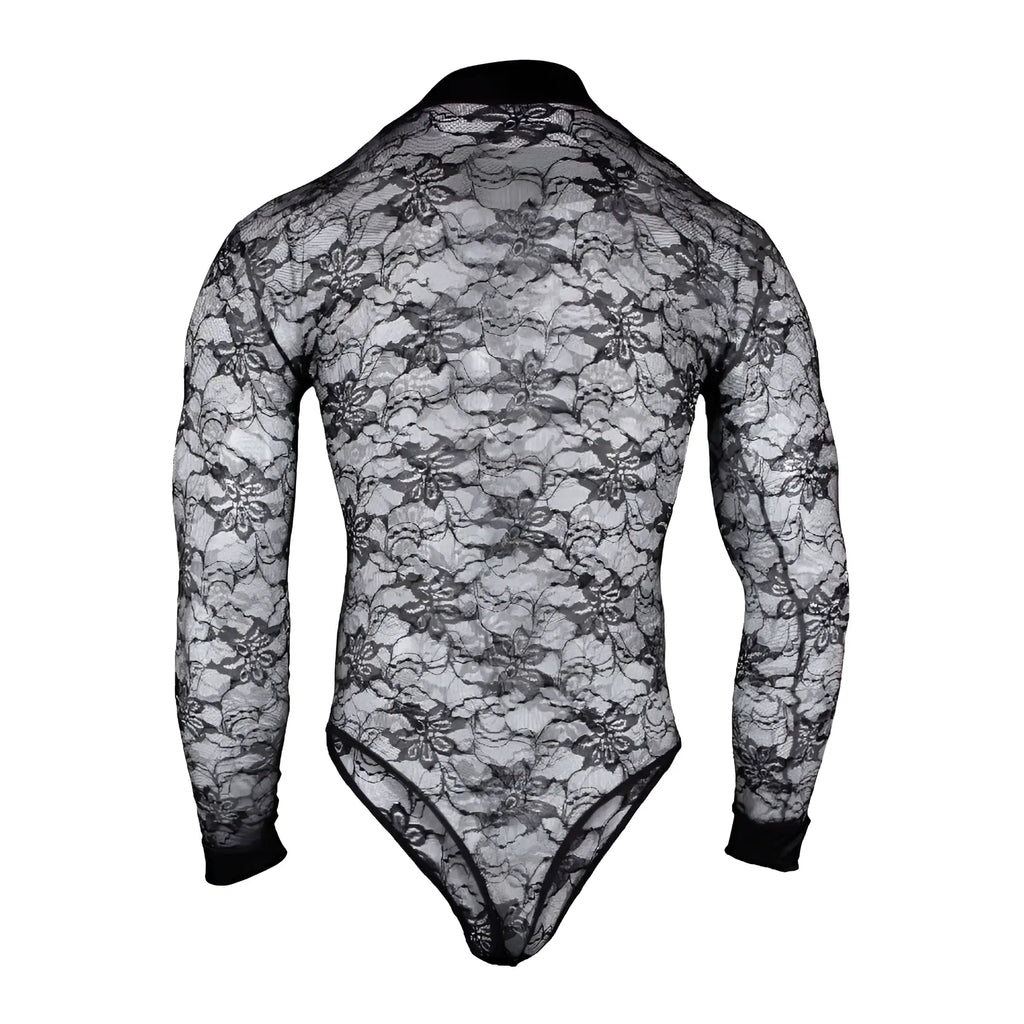 Black floral lace bodysuit with long sleeves and high neckline from Secret Male SMV008 collection front view
