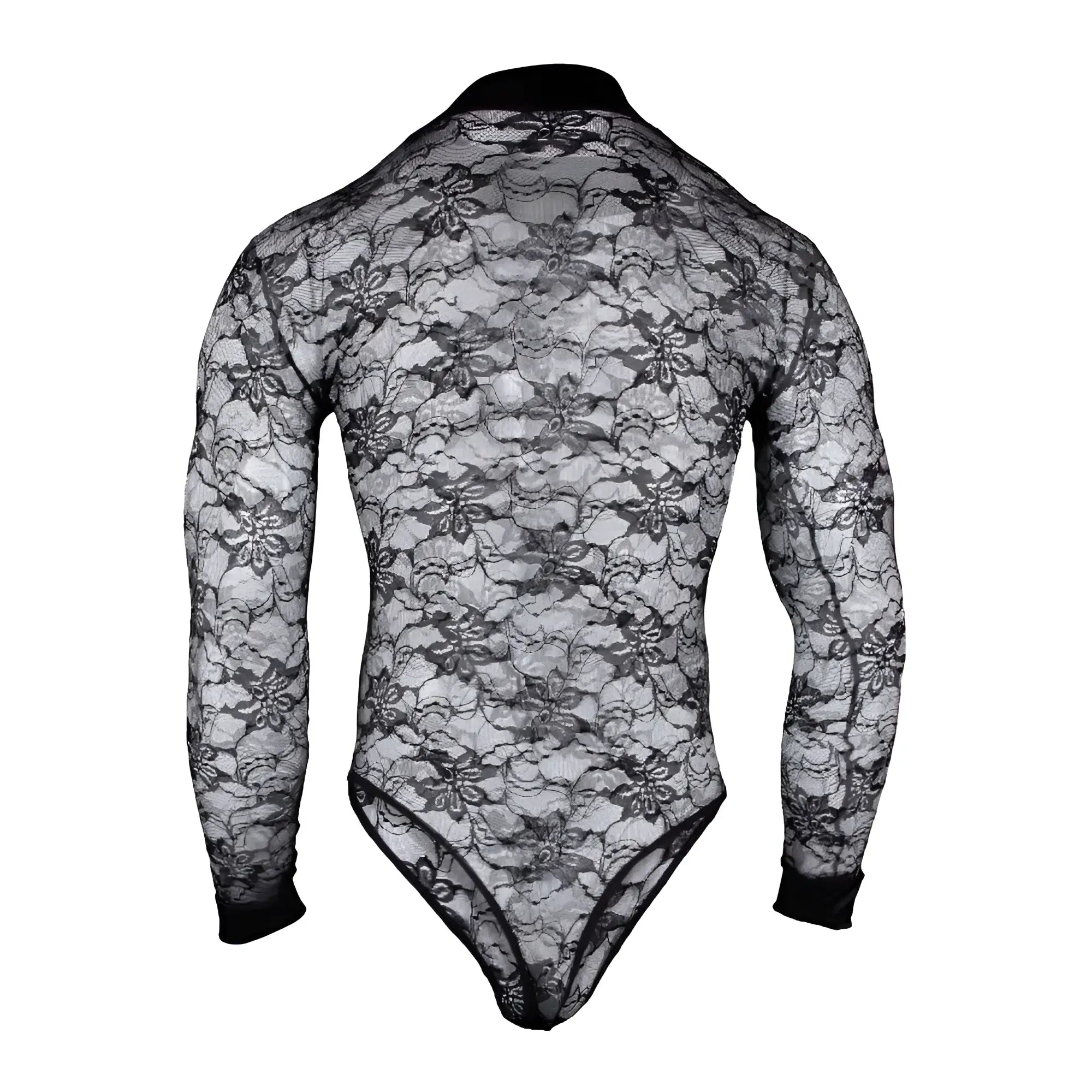 Black floral lace bodysuit with long sleeves and high neckline from Secret Male SMV008 collection front view