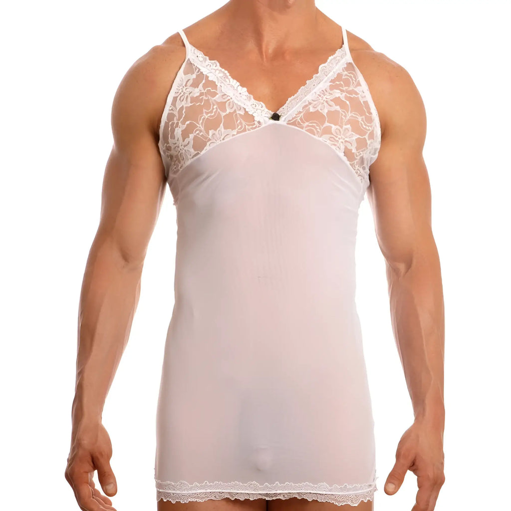 White lace-trimmed sheer men’s nightshirt with floral patterned detailing from secret male smw001 set visible from front view