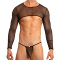 Black sheer long-sleeved bodysuit with black trim and white button thong from secret male smx001 tops and bras collection
