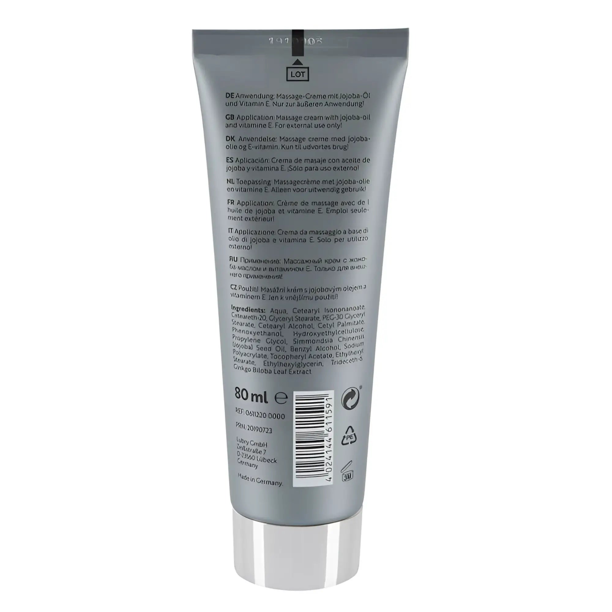 Silver tube of sedory penis care creme xxl 80ml with jojoba oil vitamin e labeled in multiple languages