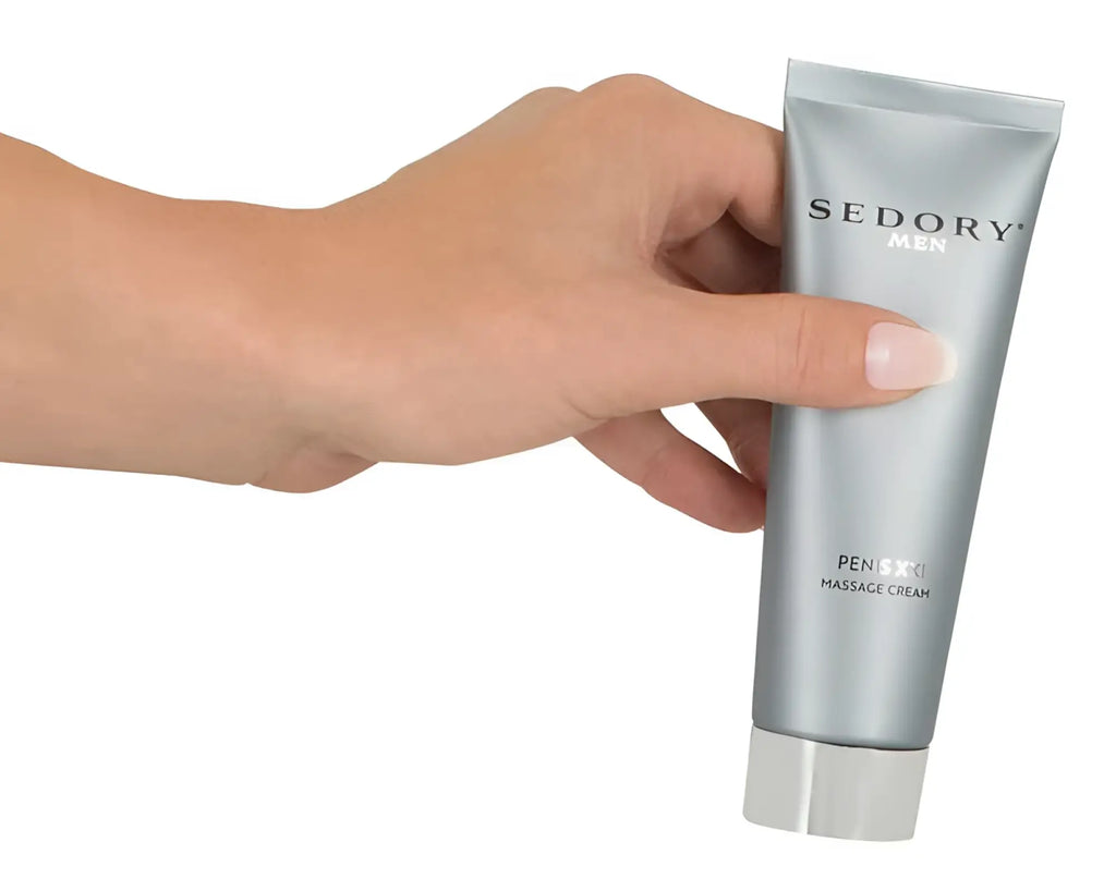 Silver tube of sedory men’s penisxri massage cream for penis care creme xxl 80ml one size shown from front side
