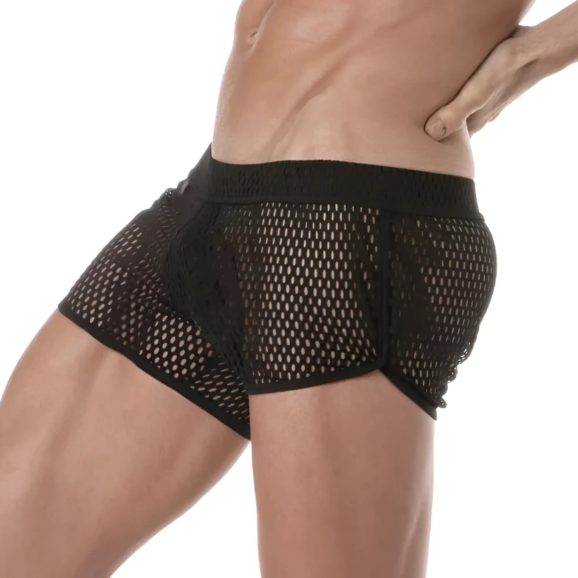 Black see-through mesh boxer shorts with solid elastic waistband for breathable lightweight comfort