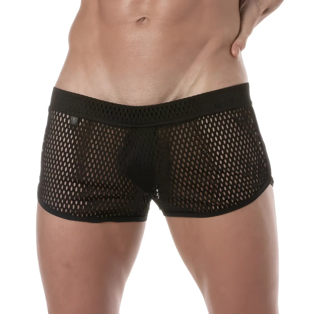 Black see-through mesh short briefs with solid waistband made of breathable mesh fabric