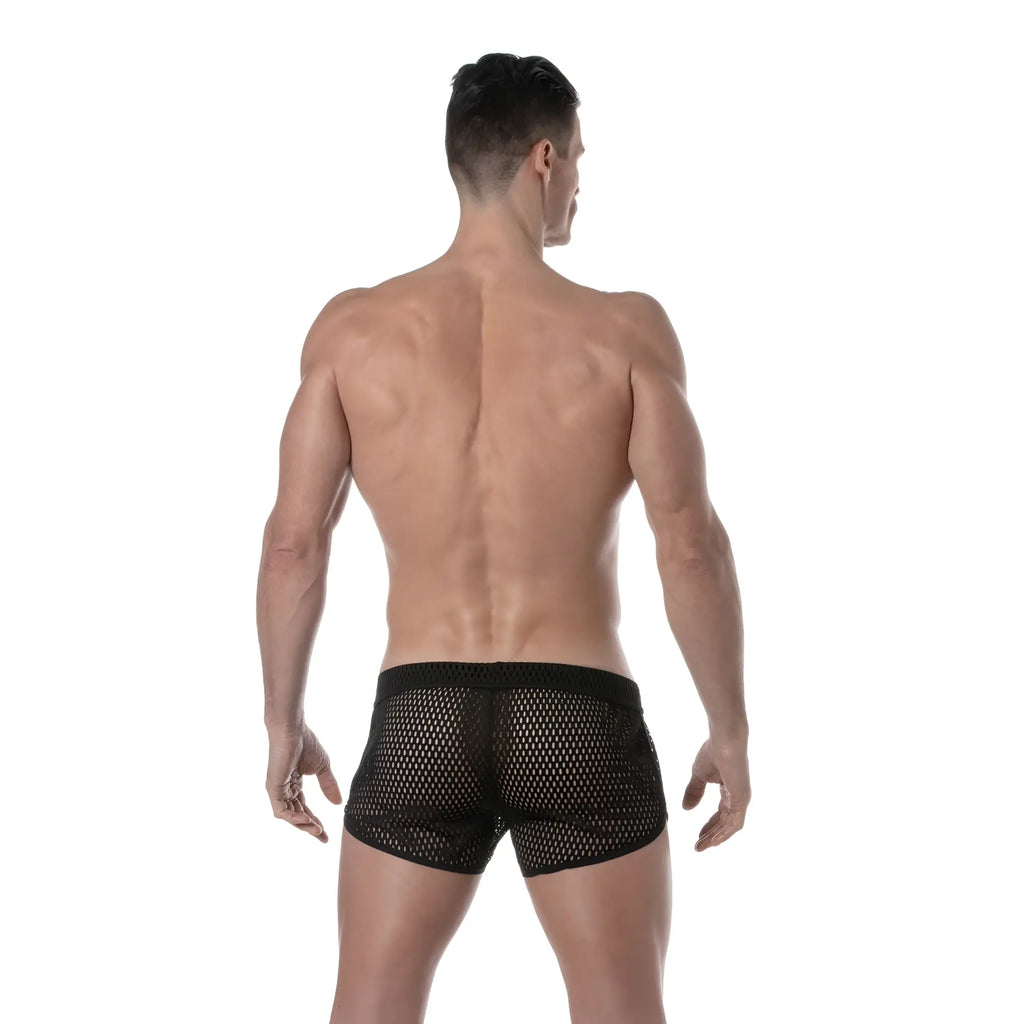 Black see-through mesh briefs with solid black waistband showing front side of mesh short underwear