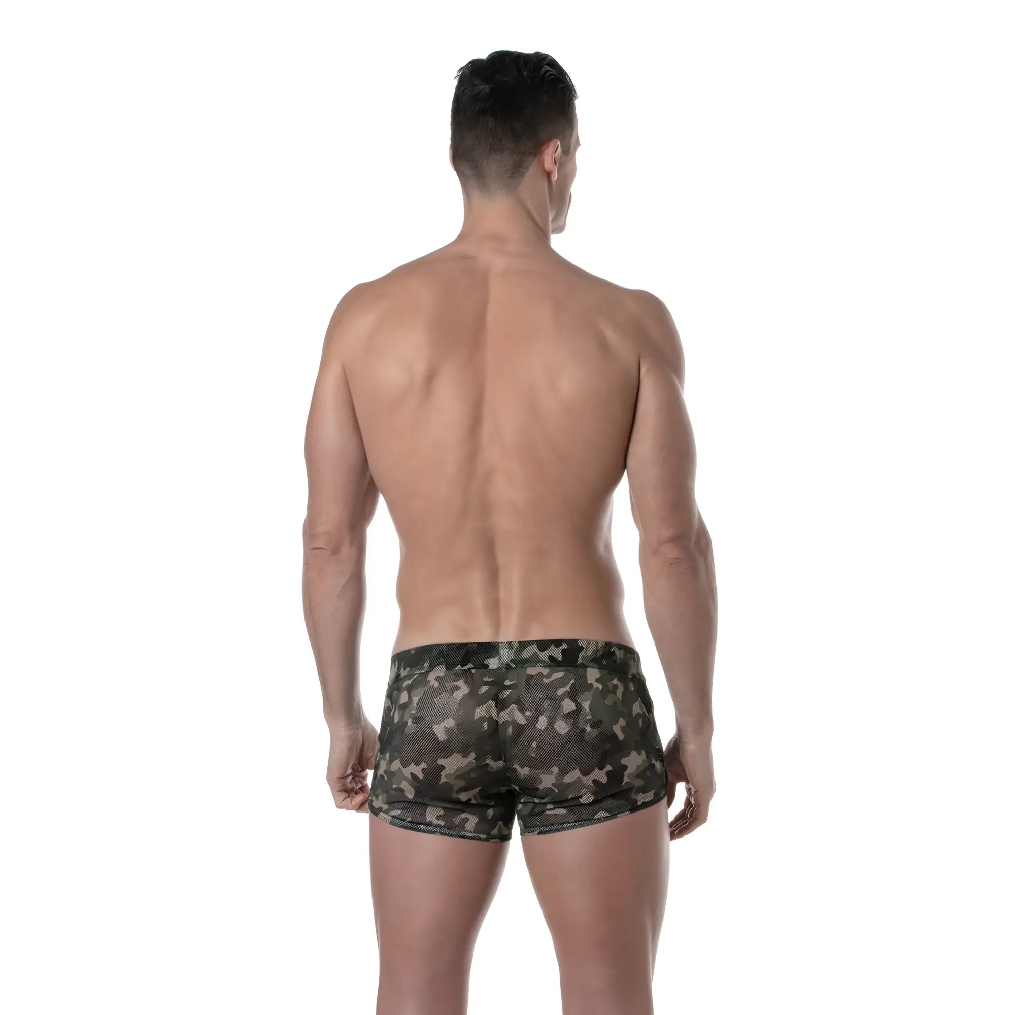 Men’s camouflage see-through mesh briefs featuring breathable fabric for comfortable everyday wear