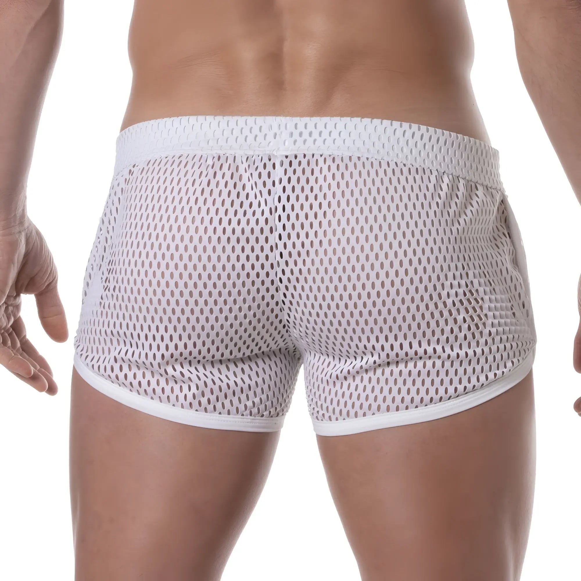White see-through mesh athletic shorts with solid white waistband and hem for breathable sportswear use
