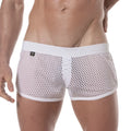 White see-through mesh short briefs with solid white waistband and trim showing front view