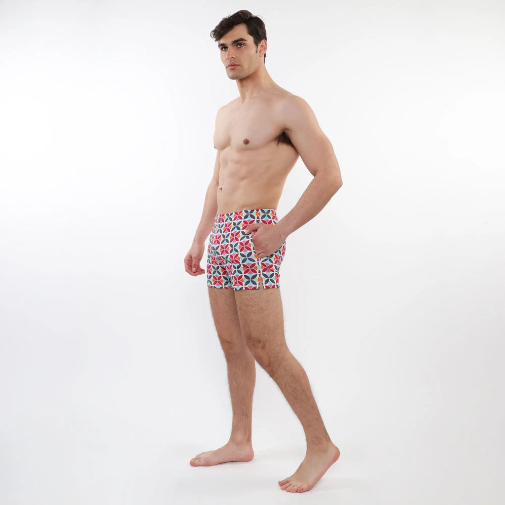 Mens red white and navy blue geometric patterned briefs with mesh lining for seersucker swim shorts use