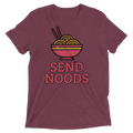 Maroon heathered cotton t-shirt with colorful cartoon bowl of noodles and bold pink send noods text