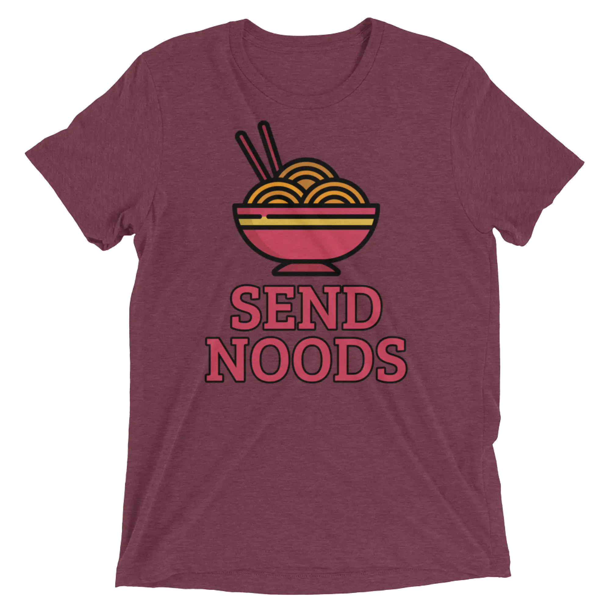 Maroon heathered cotton t-shirt with colorful cartoon bowl of noodles and bold pink send noods text