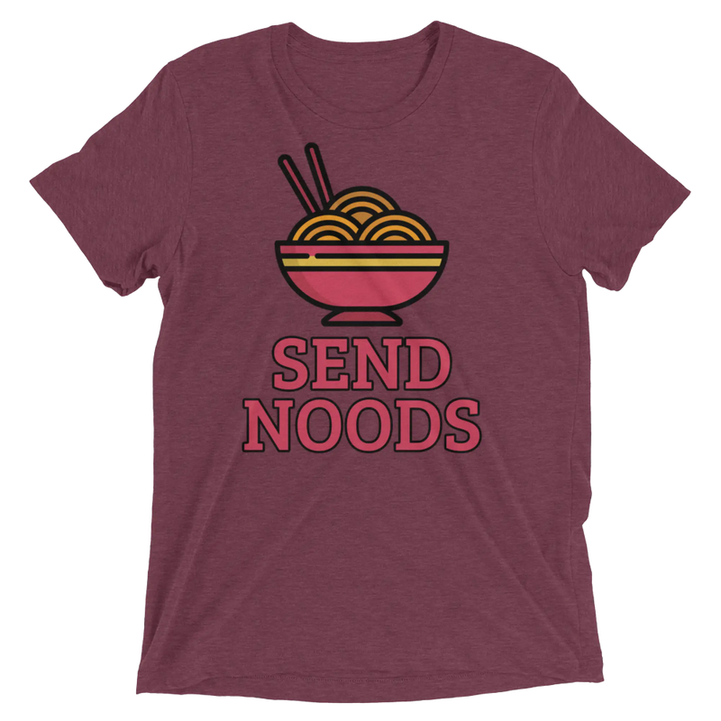 Maroon heathered cotton t-shirt with colorful cartoon bowl of noodles and bold pink send noods text