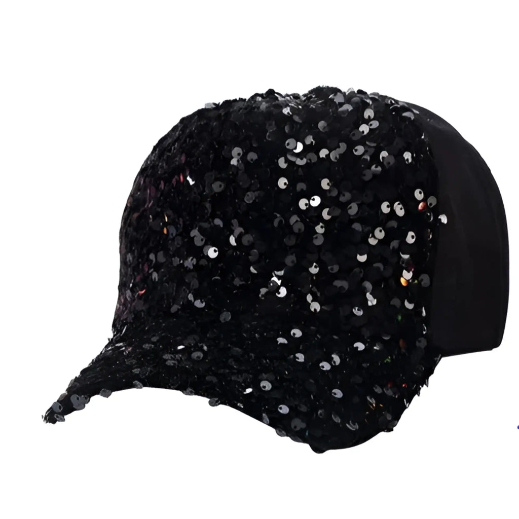 Black sequin baseball cap featuring sparkling sequins on a stylish black fabric for casual wear