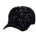 Black sequin baseball cap featuring sparkling sequins on a stylish black fabric for casual wear