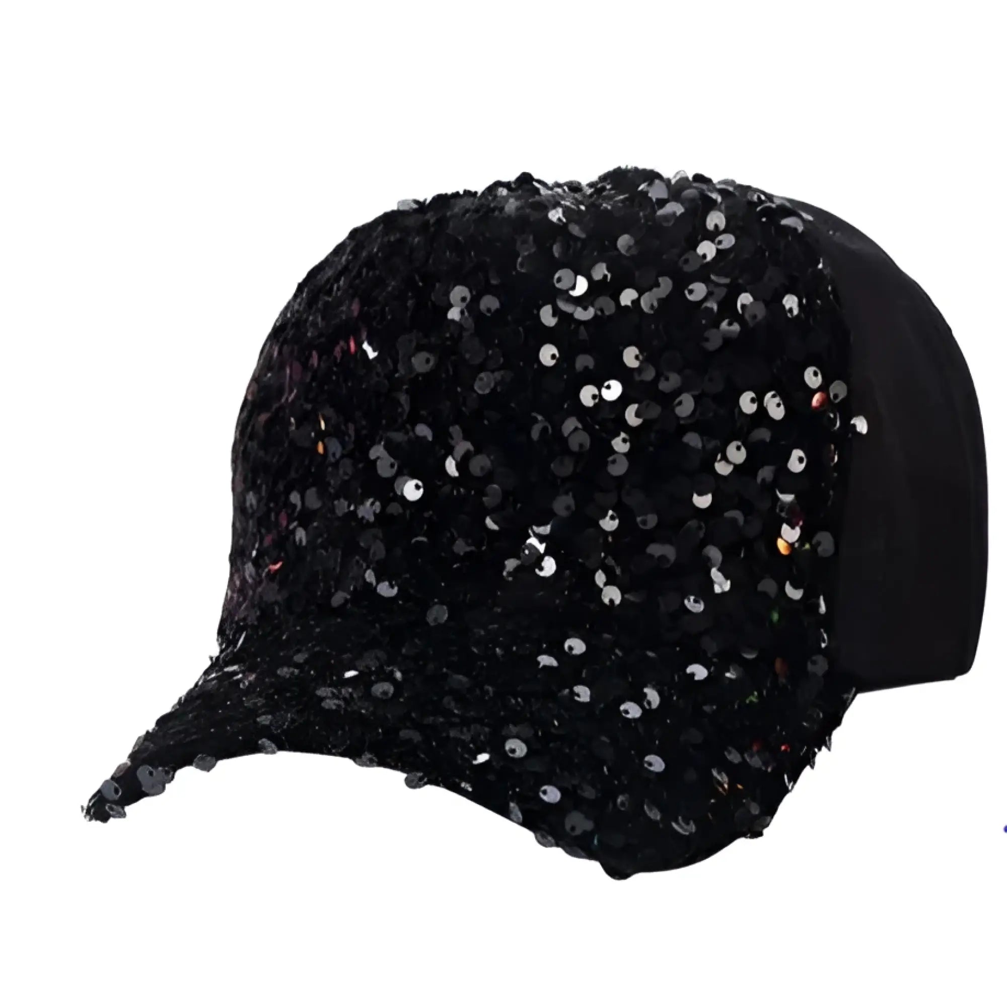 Black sequin baseball cap featuring sparkling sequins on a stylish black fabric for casual wear