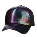 A black sequin baseball cap with a galaxy-themed iridescent purple and blue front panel
