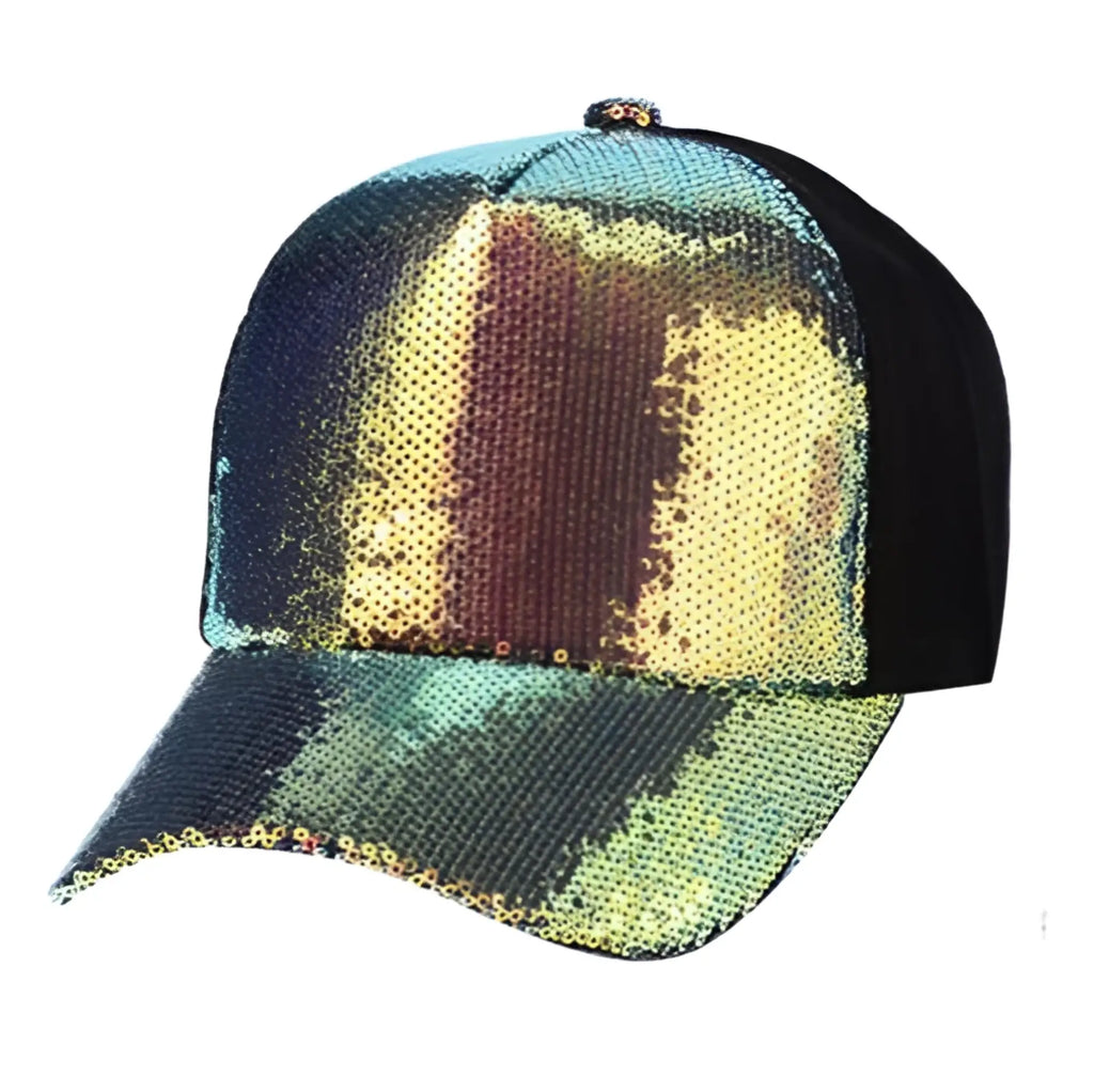 Sequin baseball cap with shimmering teal gold and bronze iridescent sequins and a black mesh back and brim