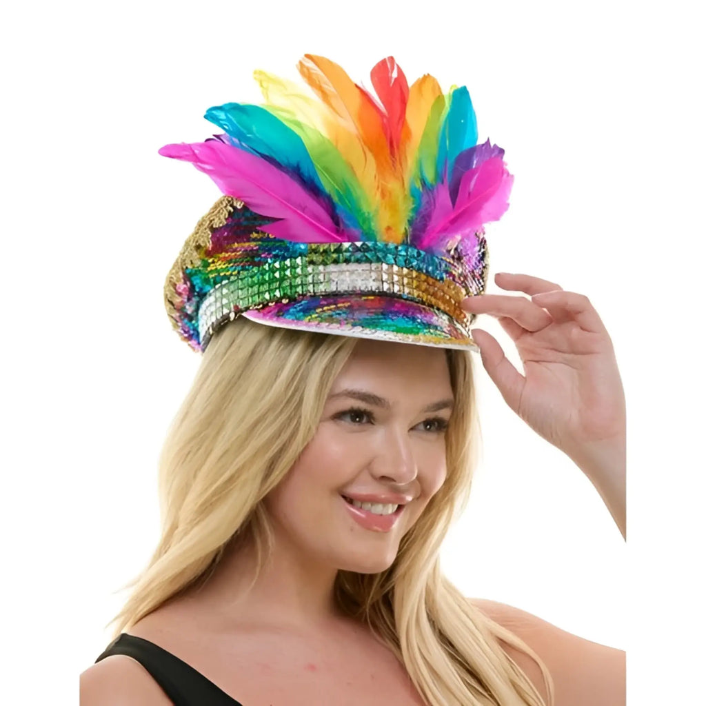 Sequin festival hat with rainbow feathered visor embellished with sequins and a glittery band for festivals
