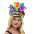 Sequin festival hat with rainbow feathered wide brim and vibrant multicolored sequins for festive wear