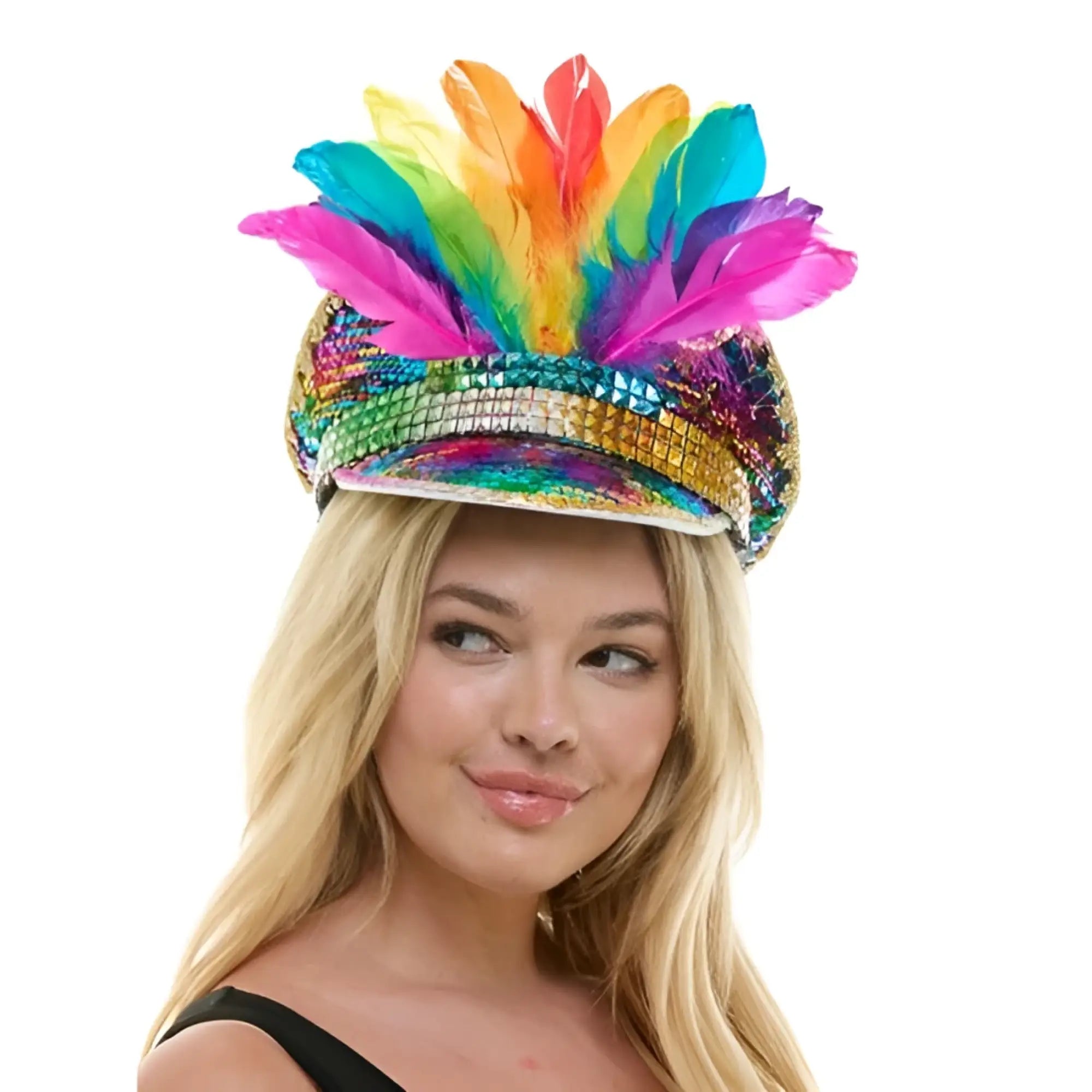 Sequin festival hat with rainbow feathered wide brim and vibrant multicolored sequins for festive wear