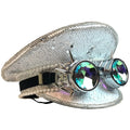 Silver sequined festival hat with pearl trim and spiked steampunk goggles with iridescent lenses