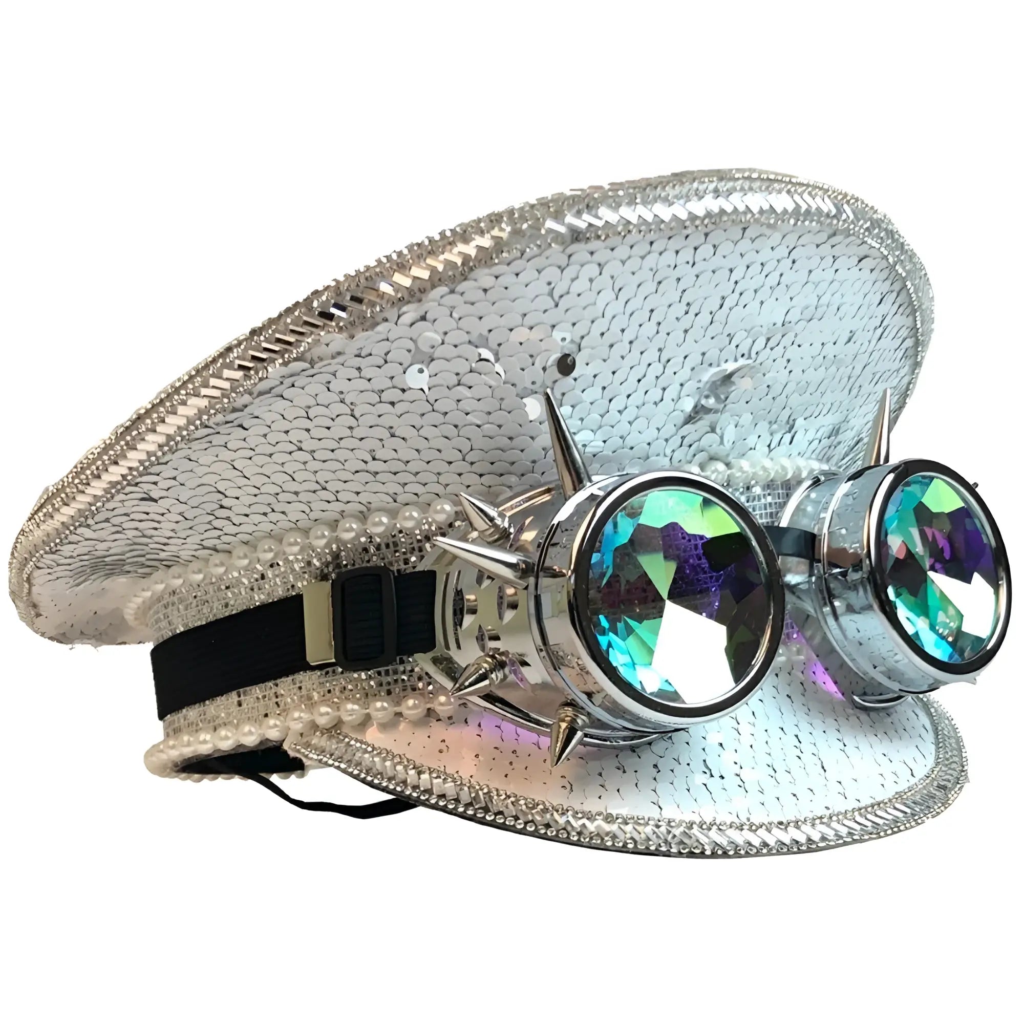 Silver sequined festival hat with pearl trim and spiked steampunk goggles with iridescent lenses