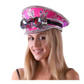 A vibrant pink sequin festival hat with silver embellishments and steampunk goggles mounted on the front
