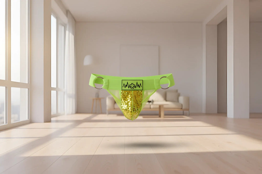 Vibrant lime green sequin jockstrap with a gold sequined front panel and silver metal rings for athletic wear