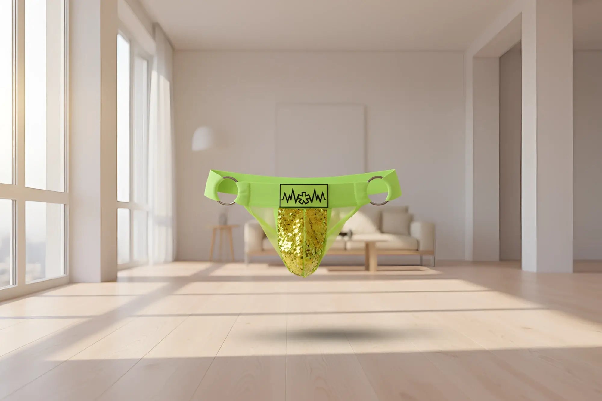Vibrant lime green sequin jockstrap with a gold sequined front panel and silver metal rings for athletic wear