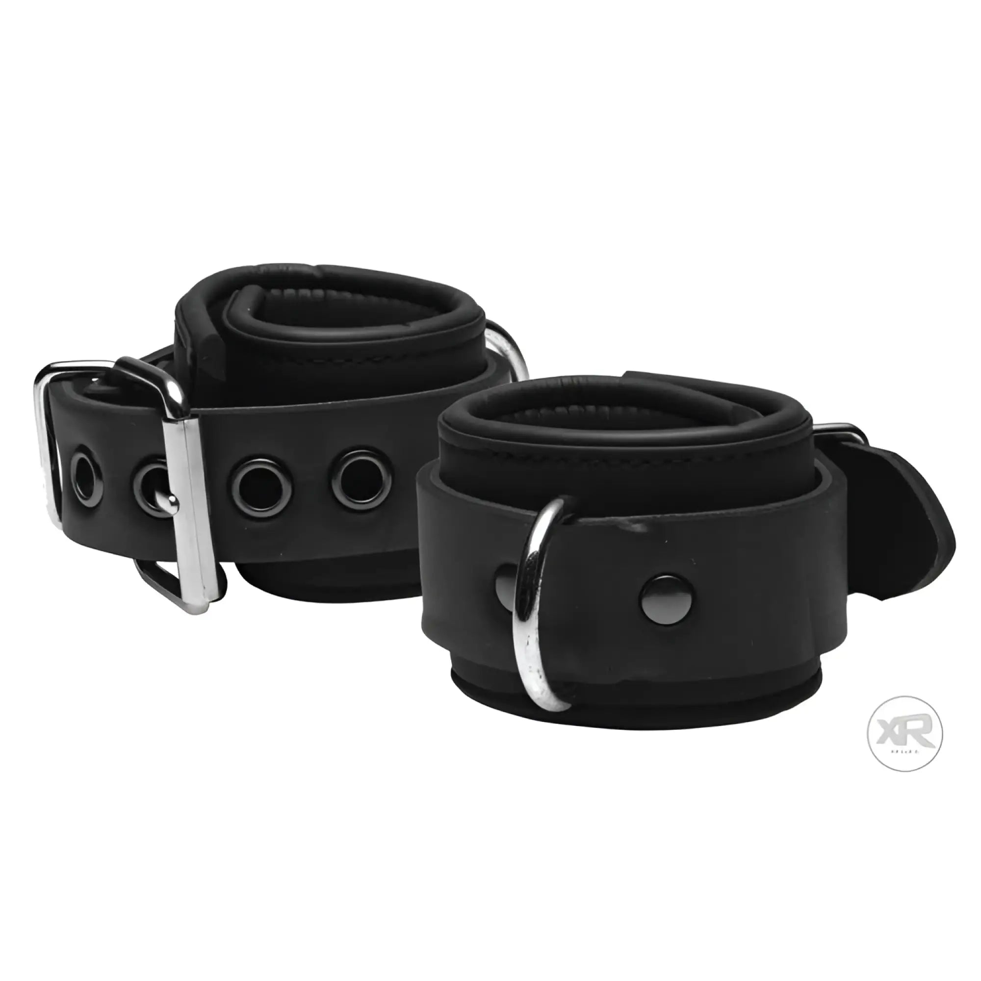 Black leather Serve neoprene buckle cuffs with silver metal buckles and d-rings for secure ankle restraint