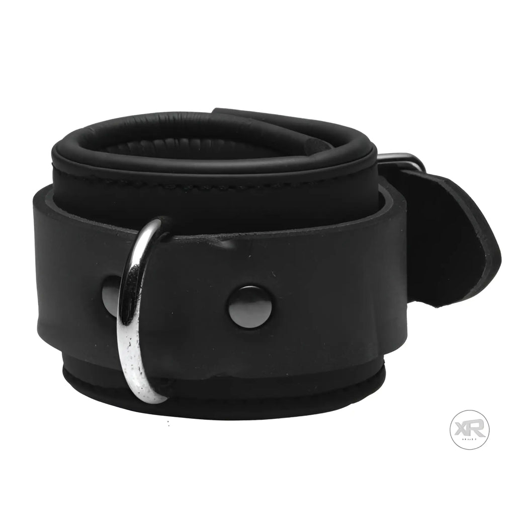 Black leather serve neoprene buckle cuff with silver metal ring and buckle for secure wrist restraint