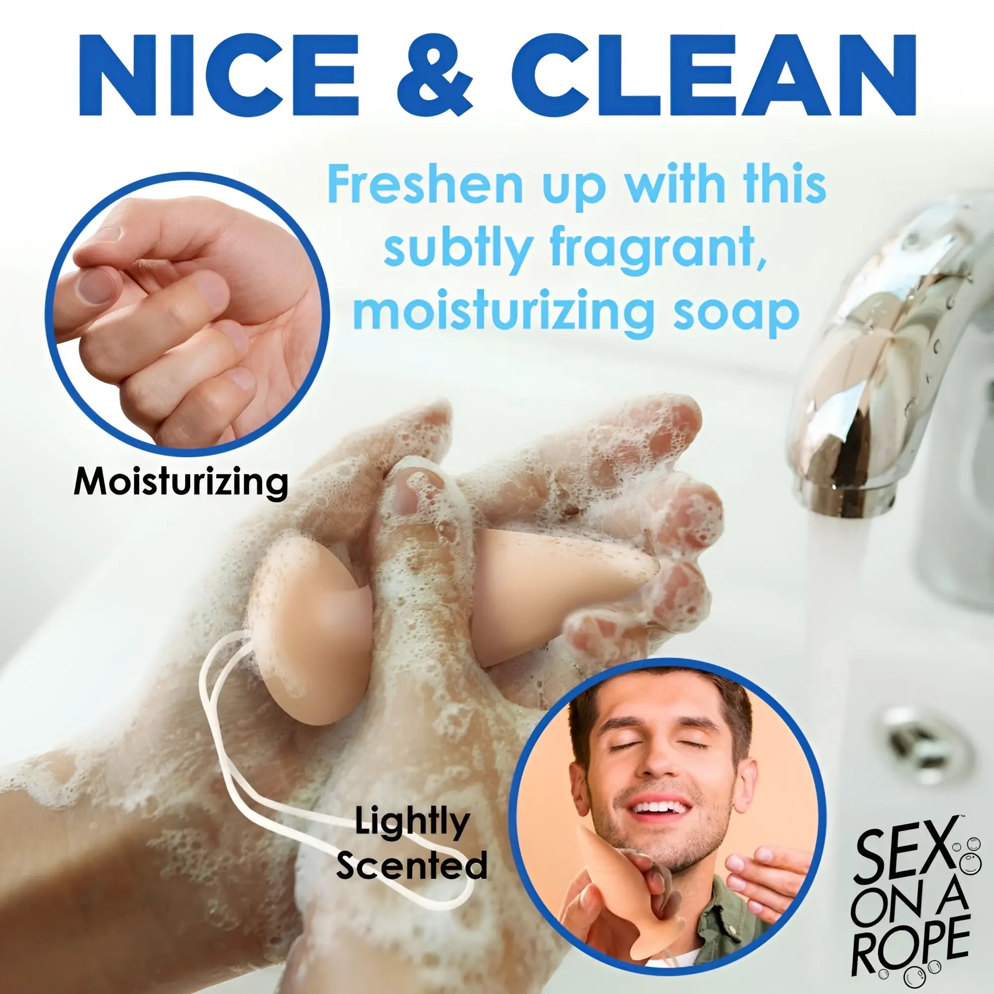 Sex on a Rope soap: a beige, plug-shaped soap on a cord being lathered in hands near a faucet with branding text.