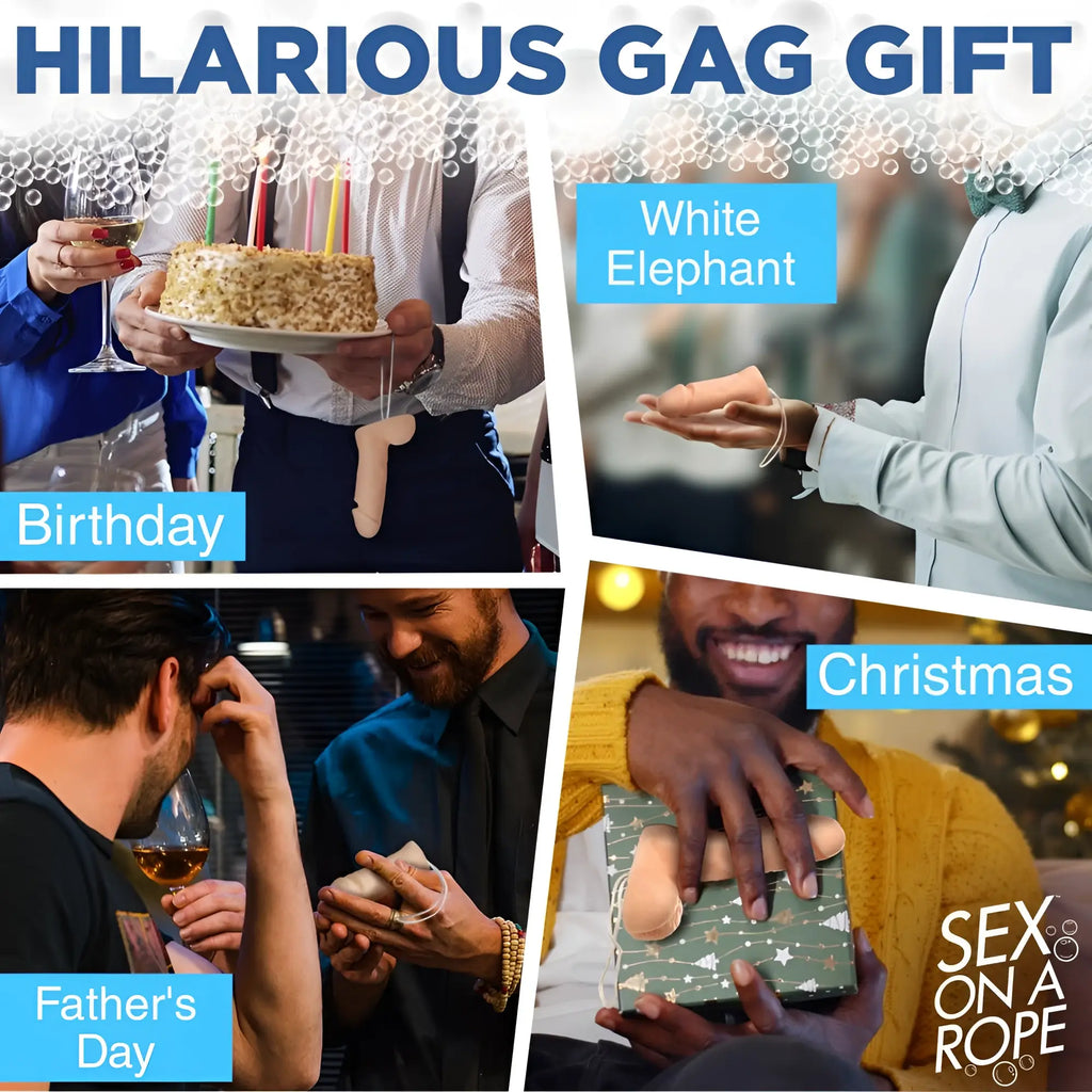 Collage of people gifting "Sex on a Rope" pecker-shaped tan soap, shown in four holiday and celebration settings.