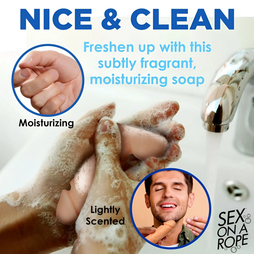 Sex on a Rope Pecker Soap: A beige, phallus-shaped soap bar being lathered with bubbles in a bathroom setting.