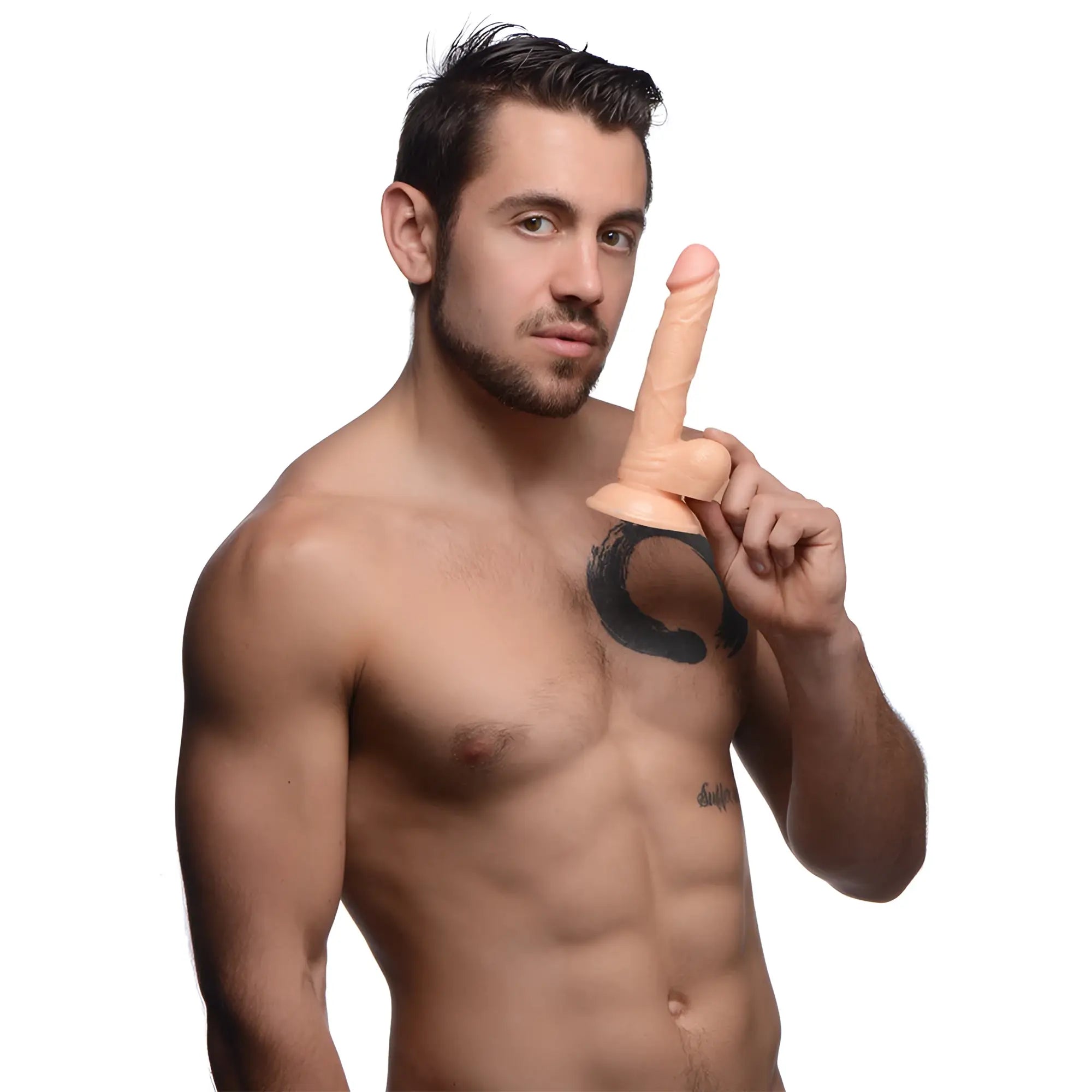 Shirtless man holding a 7.5-inch realistic peach-colored SexFlesh dildo with balls against a white background.