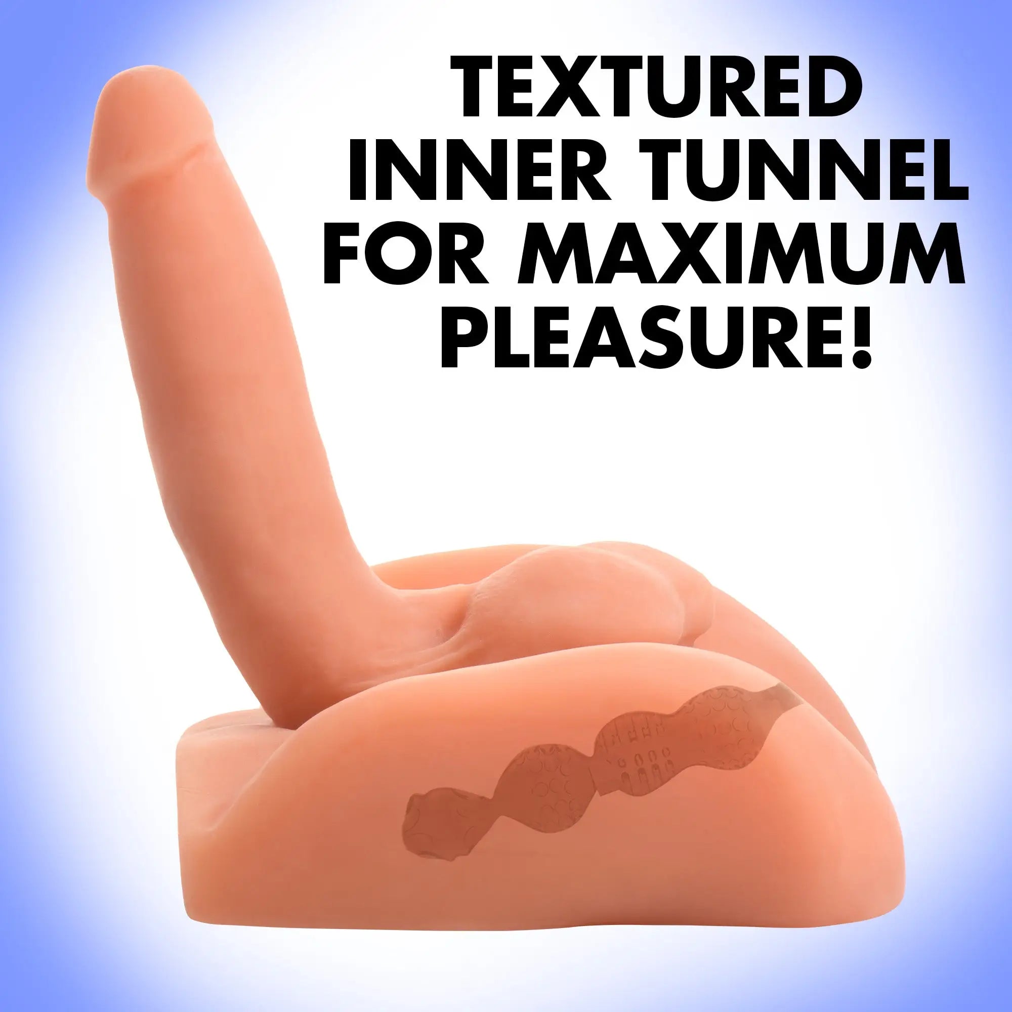 SexFlesh Big Ben toy: A peach-colored realistic dildo on a base with a cutaway showing a textured internal tunnel.
