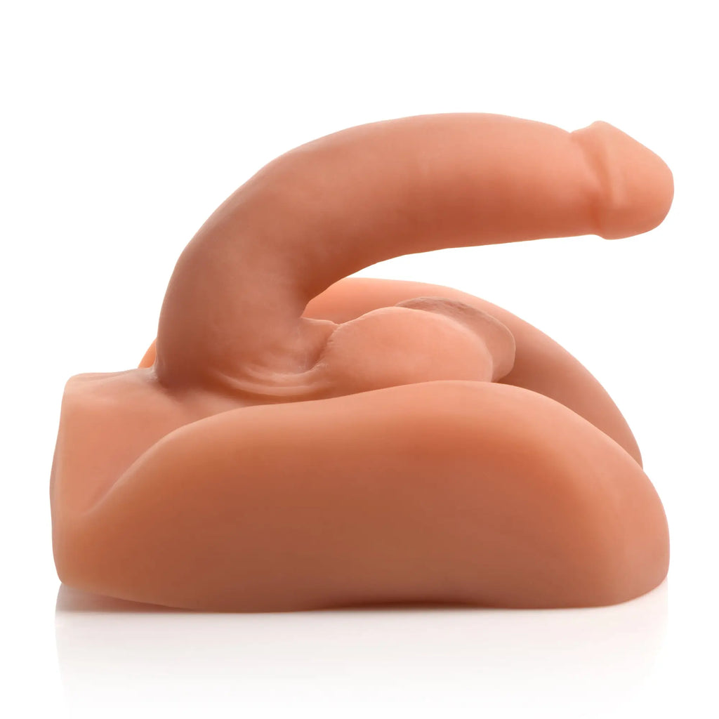 SexFlesh Big Ben: A light-tan, realistic silicone dual-ended fuckable cock and buttocks masturbator on white.