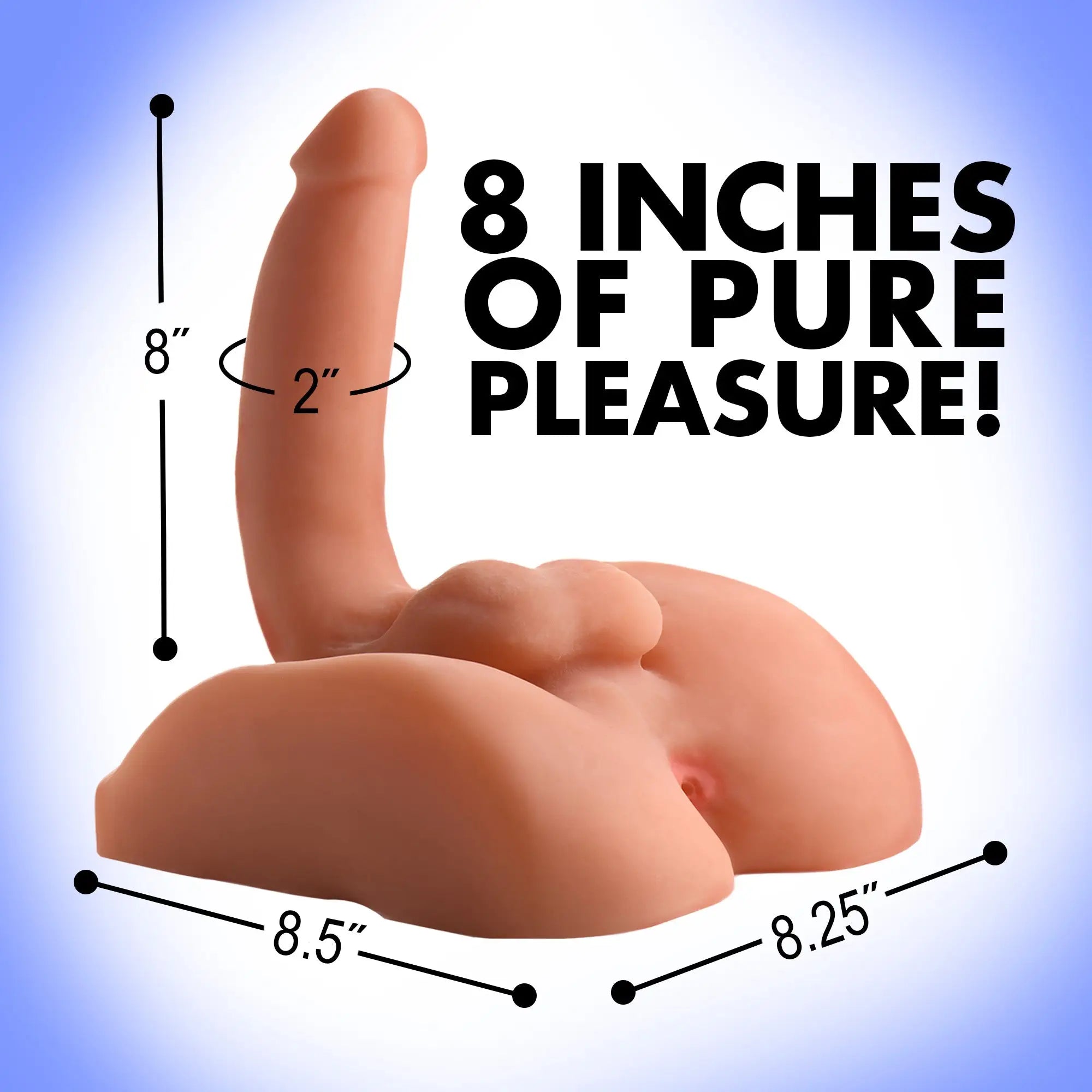 SexFlesh Big Ben: a realistic, tan-colored dual-use cock and ass stroker with product dimensions labeled on screen.