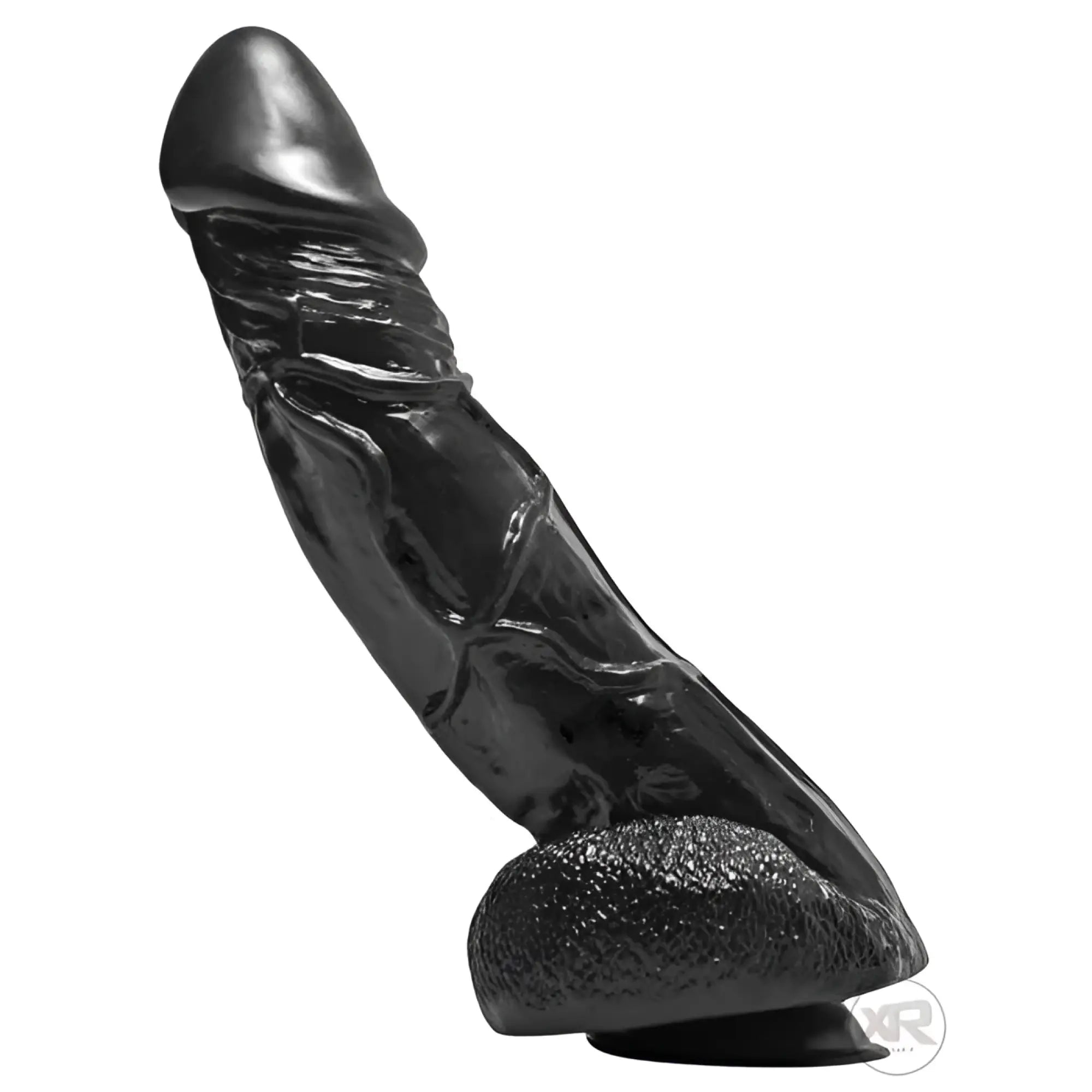 SexFlesh 11-inch black suction cup dildo with realistic, textured shaft and defined glans against a white background.