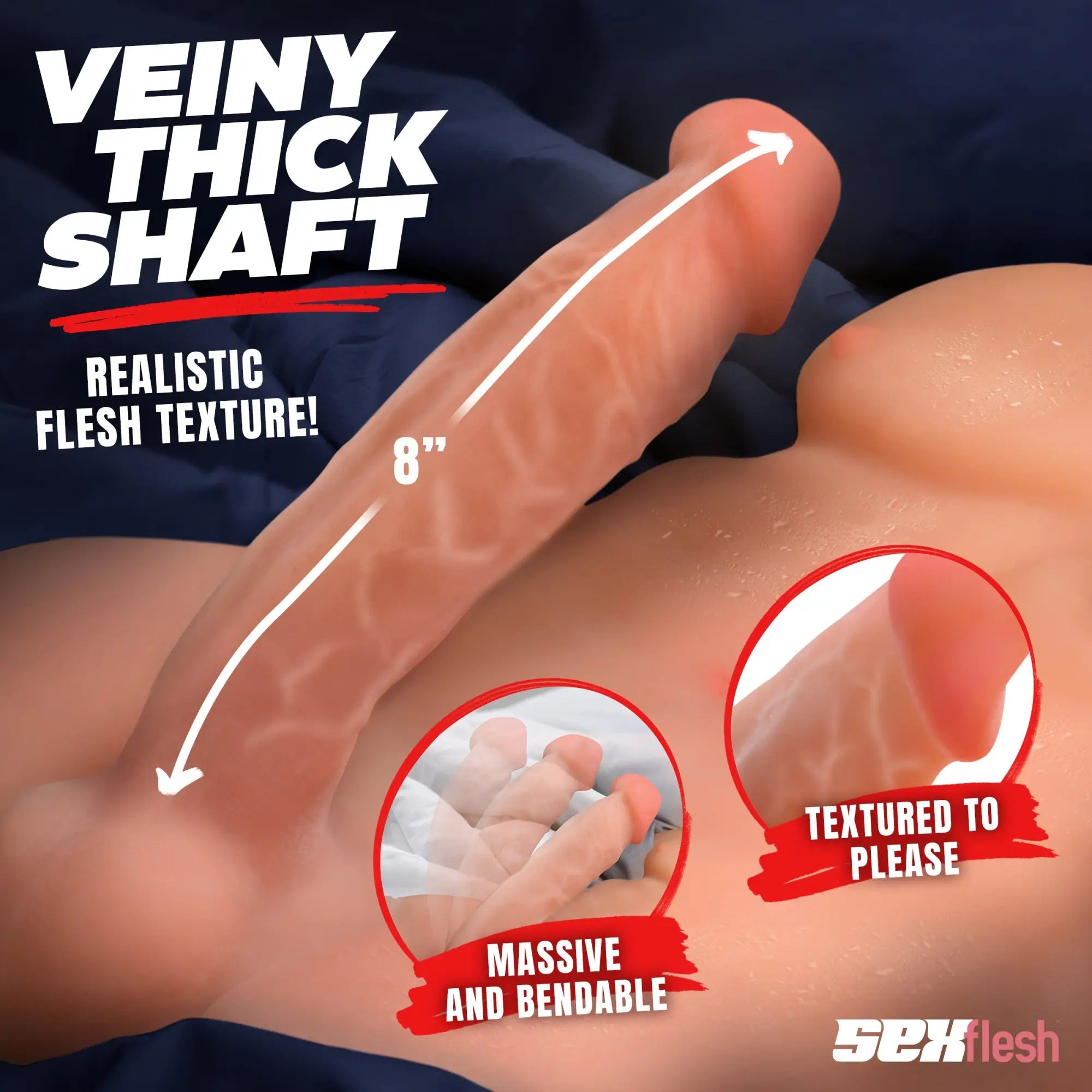 SexFlesh Chiseled Chad doll: a realistic 8-inch, veiny, flesh-toned male shaft demonstrating bendable texture.