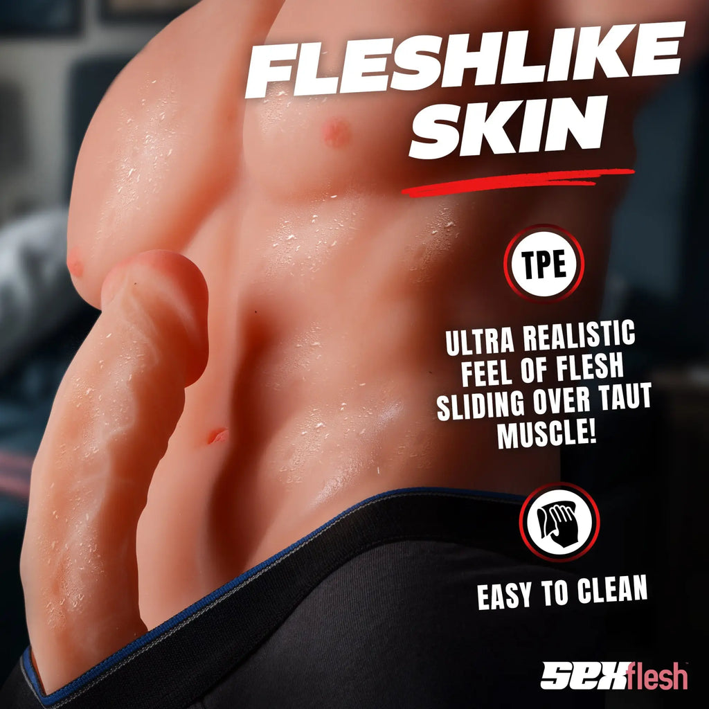 SexFlesh Chiseled Chad male doll torso with realistic TPE skin, muscular abs, and anatomical detail. Text overlays included.