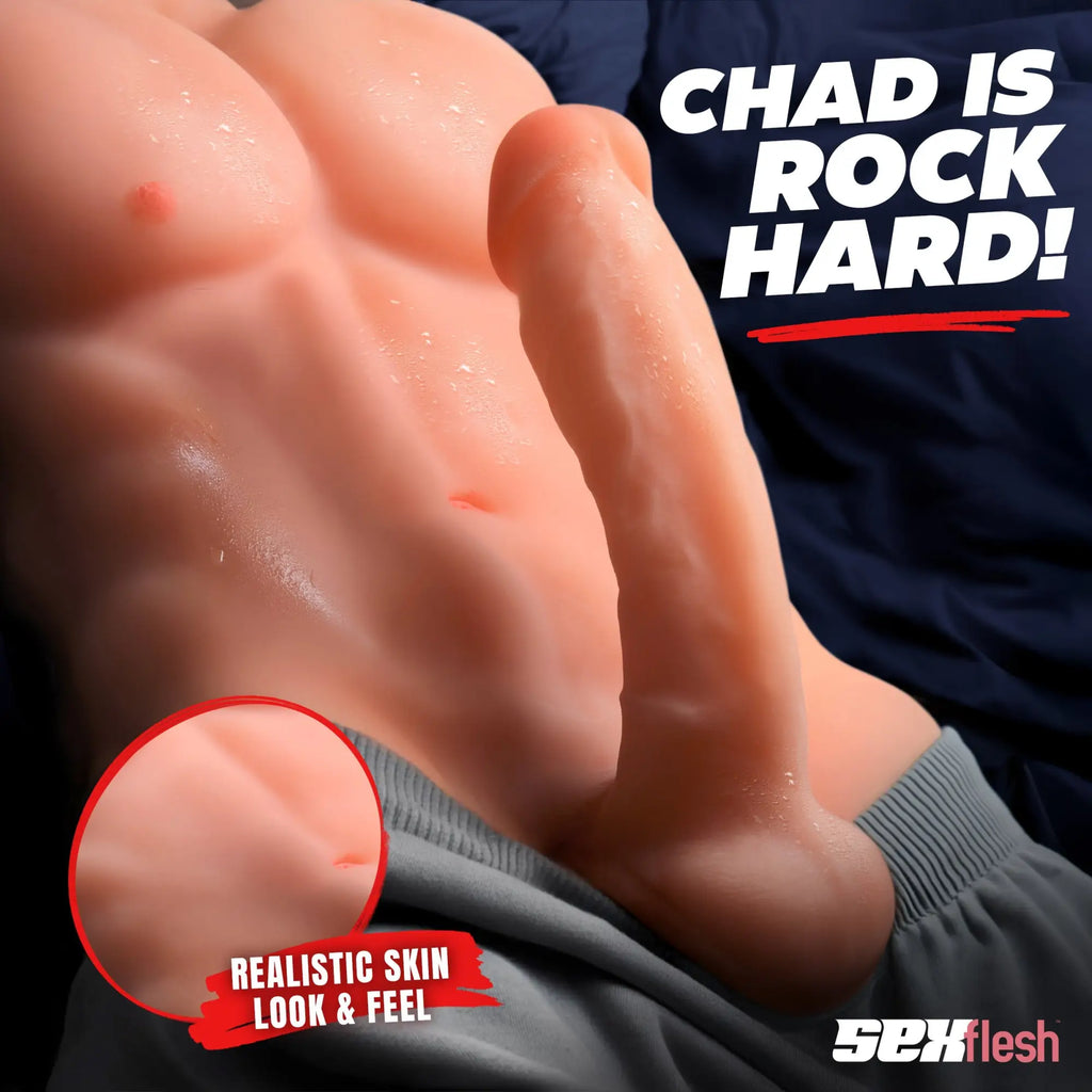 SexFlesh Chiseled Chad doll: a realistic male torso with muscular abs, wearing grey sweatpants against a blue background.