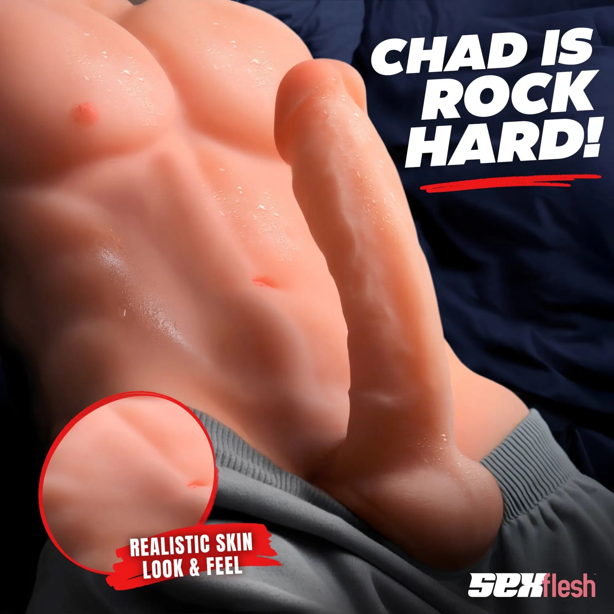 SexFlesh Chiseled Chad doll: a realistic male torso with muscular abs, wearing grey sweatpants against a blue background.