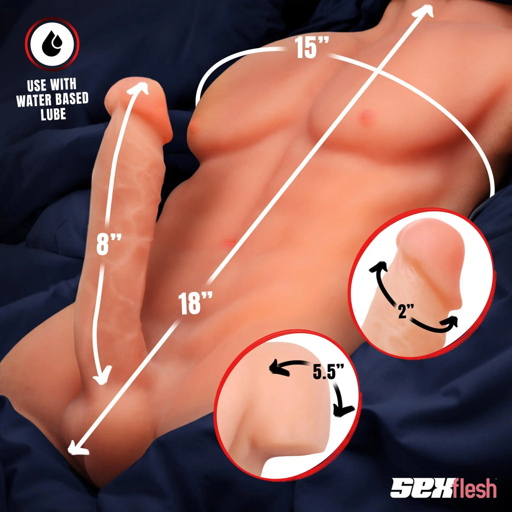 SexFlesh Chiseled Chad doll: peach-toned male torso with anatomical details and measurement overlays on blue fabric.