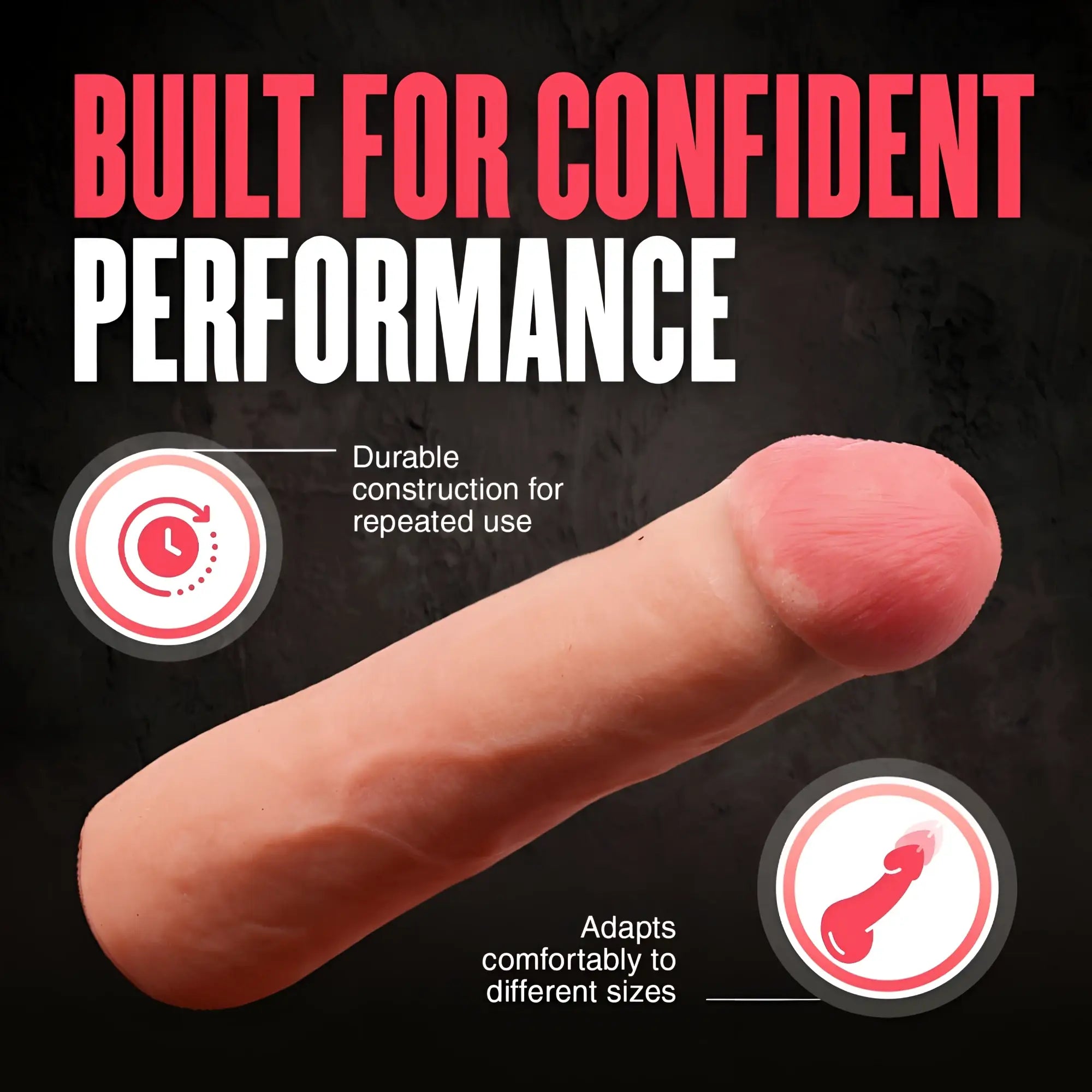 SexFlesh Fat Jack pink silicone penis extender with realistic texture and icons highlighting durability and versatility.