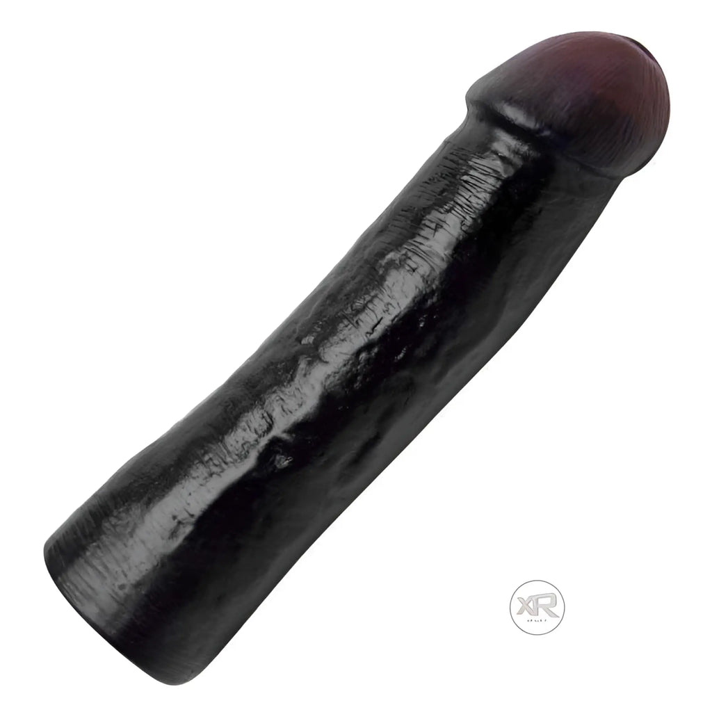 SexFlesh LeBrawn XL penis sleeve in black with a realistic, textured shaft and dark, rounded head on white background.